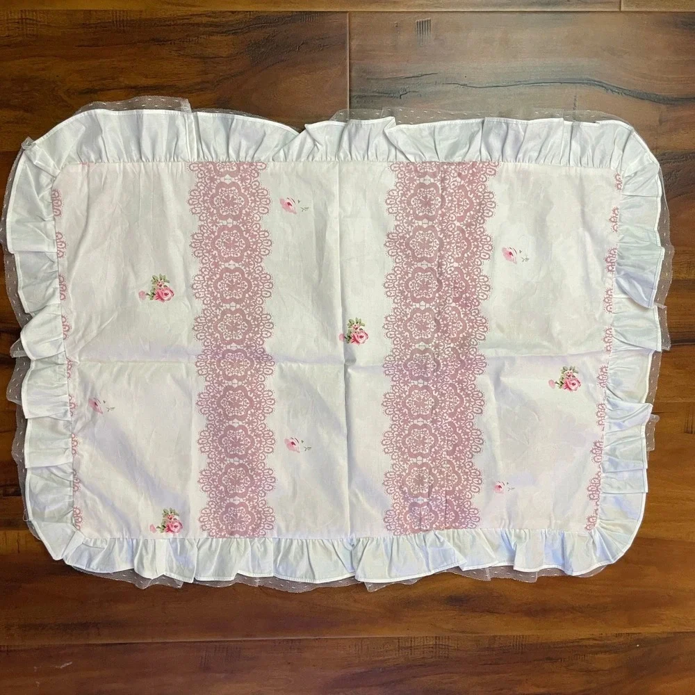 Handmade Floral Pillow Sham Size Standard Pink Shabby Chic Ruffle Mesh